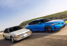 Acura Integra 40 Racer: Mừng 40 năm thương hiệu bằng xe đua thế hệ đầu (Gear Patrol) Acura Integra 1986 và Integra 2026 A-Spec trên đường đua